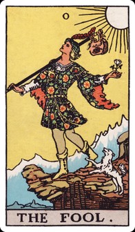 The Fool tarot card: a young traveler at a cliff edge carrying a bundle and a white rose, a small dog at their heels.