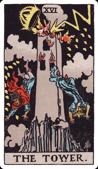 The Tower tarot card: lightning strikes a crowned tower, flames at the windows, two figures falling.