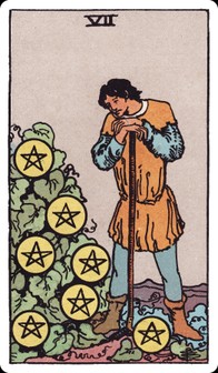 Seven of Pentacles tarot card: a farmer leans on his tool, gazing at pentacles growing on a vine.