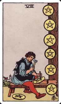 Eight of Pentacles tarot card: a craftsman at a bench chisels a pentacle, finished coins displayed beside him.