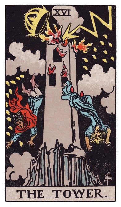 The Tower tarot card: lightning strikes a crowned tower, flames at the windows, two figures falling.