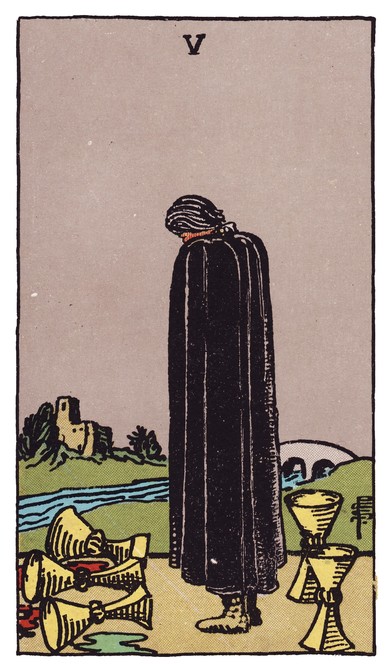 Rider–Waite–Smith Five of Cups: a mourning figure in a black cloak before three spilled cups, two upright cups behind.