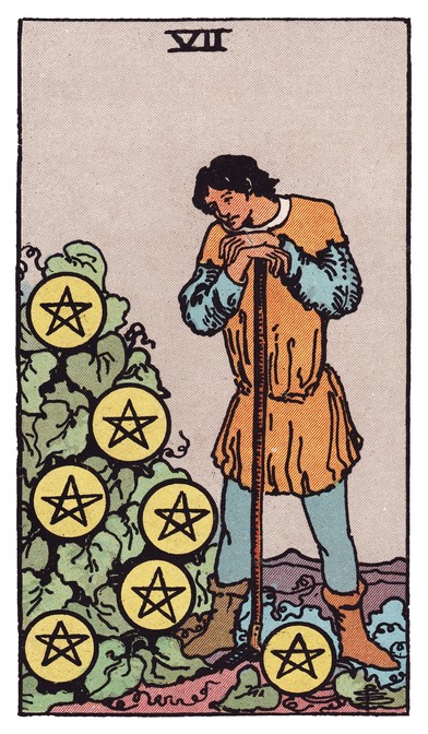 Seven of Pentacles tarot card: a farmer leans on his tool, gazing at pentacles growing on a vine.