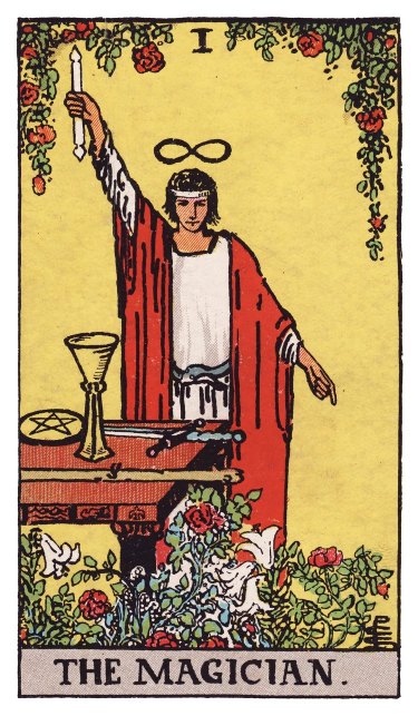 A figure with one hand raised to the sky and one pointing down to the earth, a table with all four suit symbols before him, an infinity symbol above his head, roses and lilies at his feet.