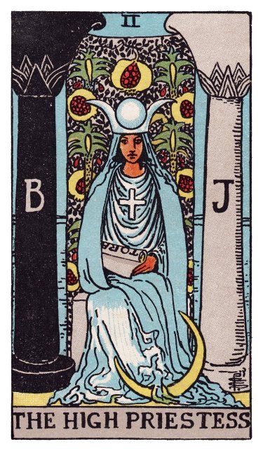 A seated figure between a black pillar and a white pillar, a veil of pomegranates behind her, a crescent moon at her feet, a partially hidden scroll in her lap.