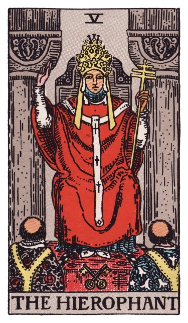 A figure seated between two stone pillars, wearing a triple crown, two acolytes kneeling before him, crossed keys at his feet.
