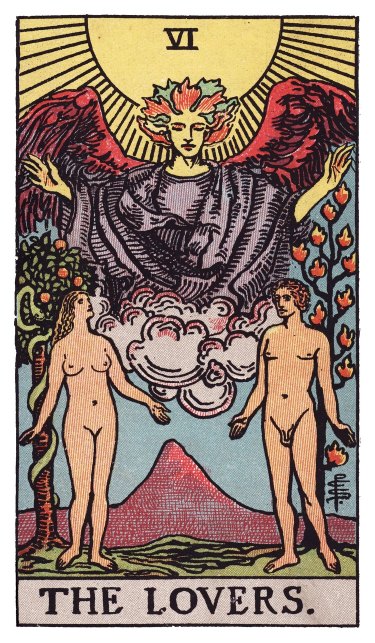 Two figures standing naked in a garden, an angel with spread wings above, two trees flanking them (one with a serpent, one with flames), a mountain rising in the distance.