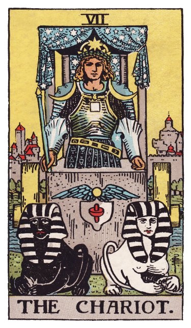 A standing figure in a stone chariot pulled by a black sphinx and a white sphinx, no reins in his hands, a canopy of stars above his head, armored shoulders and a crowned helm.