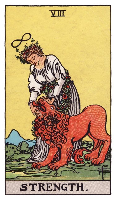 A woman in white robes gently closing the jaws of a lion, an infinity symbol above her head, a wreath of flowers at her crown and waist, her face calm and untroubled.