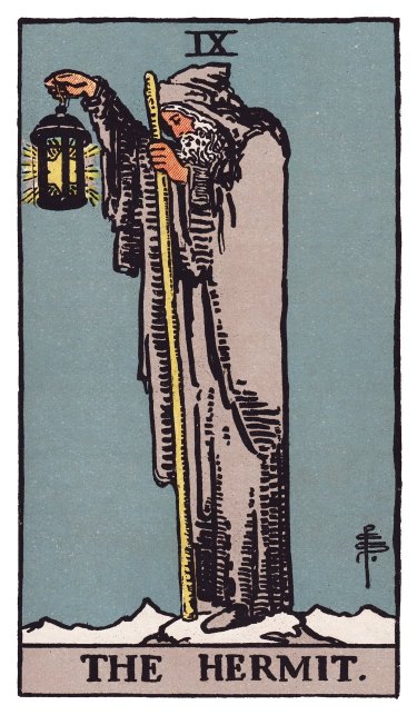 An old figure in gray robes alone on a snowy peak, a raised lantern holding a six-pointed star, a long staff in his other hand, his downward gaze resting on the light he carries.