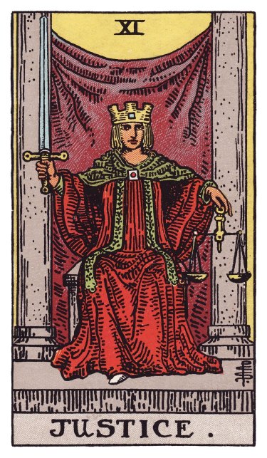 A seated figure in red with scales in her left hand, a double-edged sword raised in her right, her eyes open and unblinking, a crown of earned authority on her head.