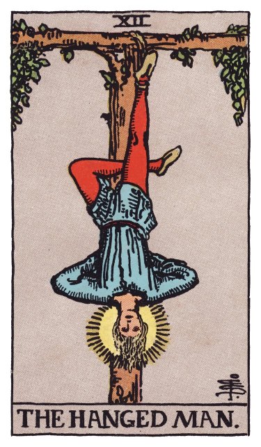 A figure hanging upside-down by one foot from a living T-shaped tree, a golden halo around his head, his free leg bent behind the other to form a 4, his face calm and serene.