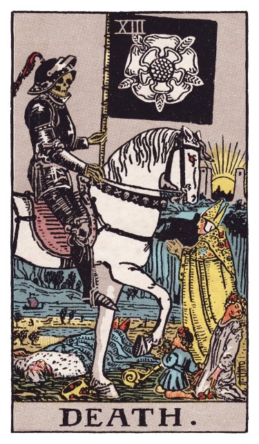 A skeletal armored figure riding a white horse, a black banner bearing a white five-petaled rose, figures of different ages reacting below, a sun rising between two towers in the distance.