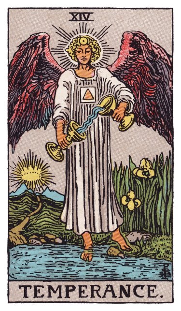 An angel with one foot on land and one in water, pouring a continuous stream between two cups, a triangle within a square on her chest, iris flowers at her feet, a path rising toward mountains behind her.