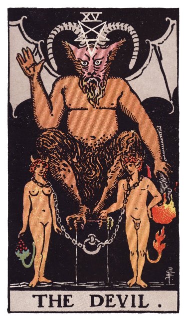 Two figures chained to a black cubic block at the Devil's feet, chains hanging loosely around their necks, an inverted pentagram on his brow, a downward-pointing torch in his hand.