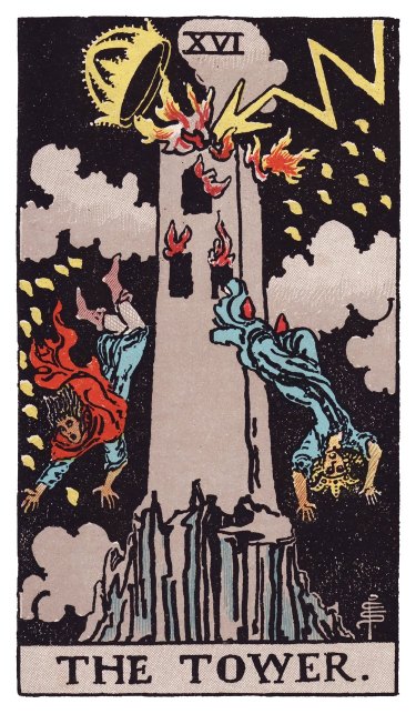 A tall stone tower struck by lightning from above, its crown falling first, two figures falling from its windows, small flames and Hebrew letters falling like rain around it.