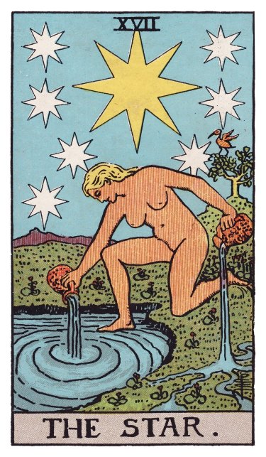 A naked woman kneeling beside a pool, pouring water from two jugs (one onto land, one into the pool), a large eight-pointed star surrounded by seven smaller stars above, a bird perched in a tree in the background.