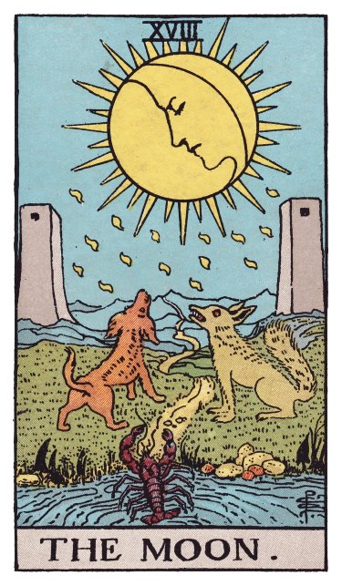 A full moon with a face above, drops of light falling, a dog and a wolf howling on the path, a crayfish emerging from a pool, a winding path between two towers leading into distant mountains.