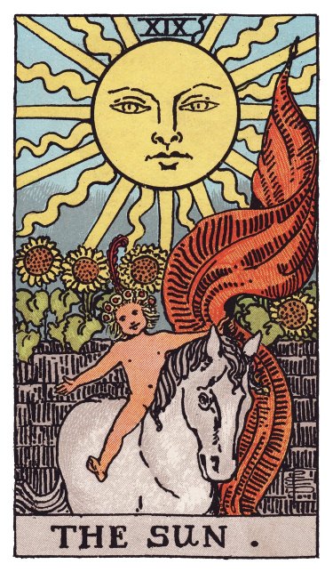 A large sun with a benevolent face, a naked child on a white horse with arms outstretched, a red banner streaming behind, four sunflowers reaching over a stone garden wall.