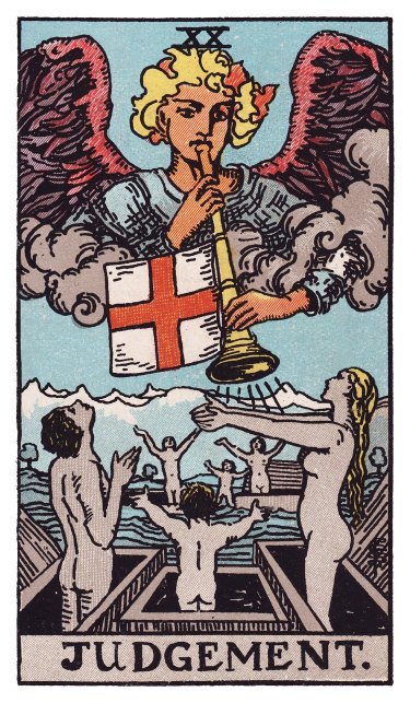 An angel blowing a great trumpet through parted clouds, figures rising from open coffins with arms raised, a red cross banner on the trumpet, mountains and water in the background.