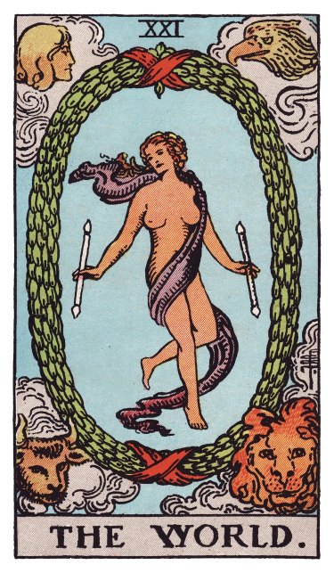 A dancing figure draped in purple, one leg crossed behind the other, two wands in her hands, encircled by a great laurel wreath tied with red ribbons, four winged creatures watching from the corners.
