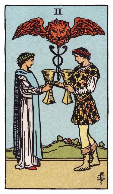 Two figures pledge cups to each other beneath a caduceus crowned by a winged lion's head.