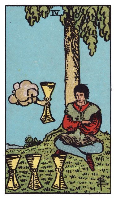 Arms crossed beneath a tree, a seated figure looks down at three cups on the grass while a hand from a cloud offers a fourth.