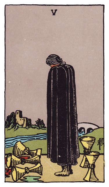 A cloaked figure bows over three spilled cups, two more standing behind, with a bridge over the river beyond.