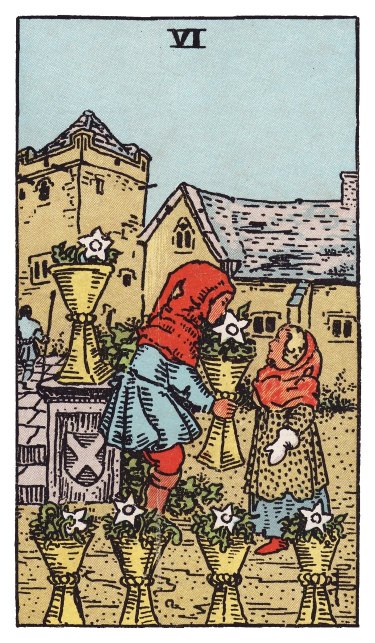 In an old village, an older child offers a younger one a cup of flowers, five more flower-filled cups around them.