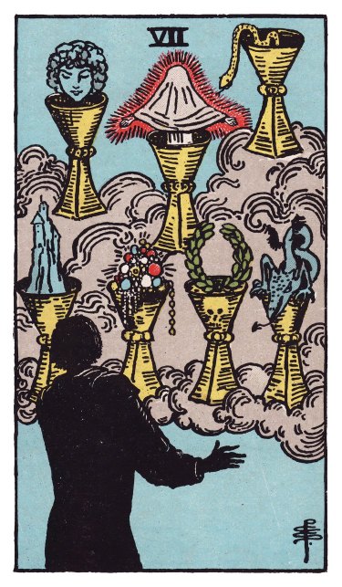 A silhouetted figure faces seven cups on a cloud, with a castle, jewels, a snake and a dragon rising out of them.