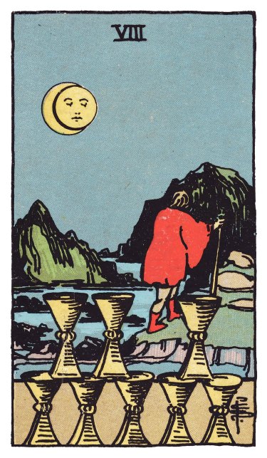 Under the moon, a figure with a staff walks away from eight stacked cups toward rocky hills.