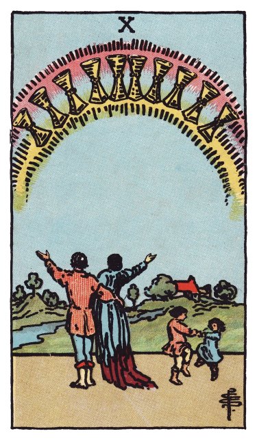 While two children dance, a couple lift their arms to a rainbow of ten cups above a house on the hill.