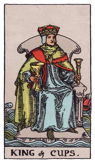 Waves surround the stone throne where a king sits still with a cup and a scepter, a ship riding the swell behind.