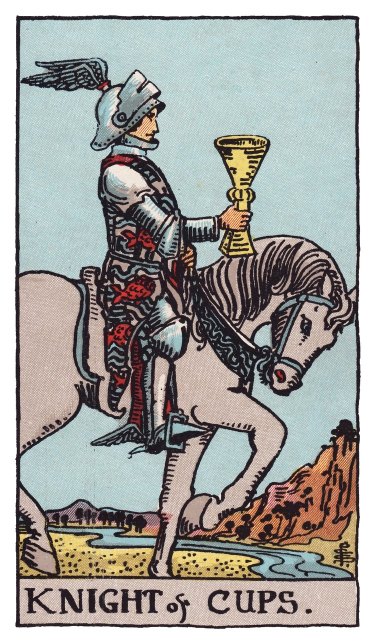 Riding beside a river on a walking horse, a knight with a winged helmet holds a cup out ahead.