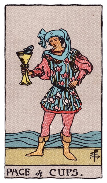 A fish pokes its head out of the cup held by a smiling figure in a floral tunic, the sea behind.