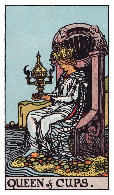 At the water's edge, a queen on a throne gazes at the ornate, closed cup in their hands.