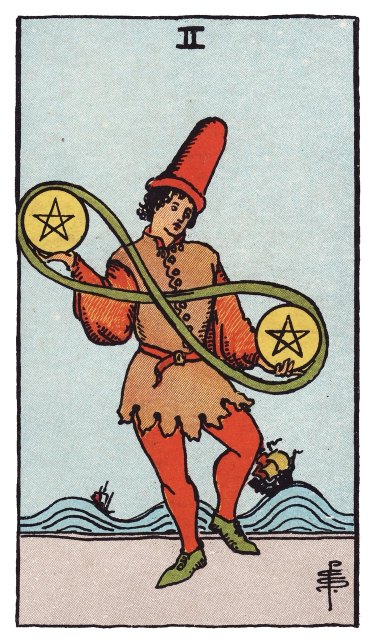 A juggler in a tall hat keeps two pentacles in a looping ribbon while ships pitch on high waves behind.