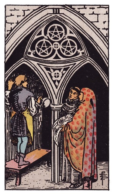 A mason on a bench carves stone beneath three pentacles while two figures look on, one hooded and one holding plans.
