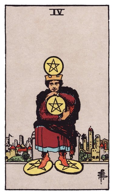 A crowned figure clutches a pentacle, another balanced on the crown and two pinned underfoot, a city behind.