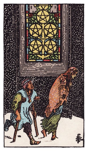 Two ragged figures, one on crutches, limp through falling snow beneath a lit stained-glass window.