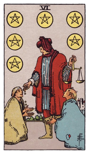 Holding a balanced scale, a merchant drops coins to one of two kneeling figures while six pentacles float overhead.