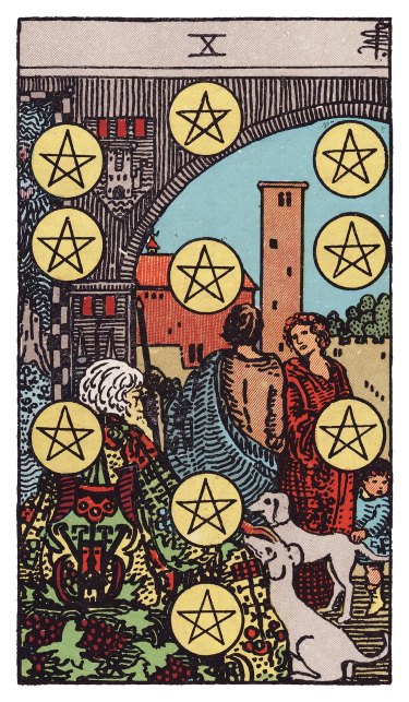 Under a stone archway, an elder pets two dogs near a couple and a child, ten pentacles filling the scene.