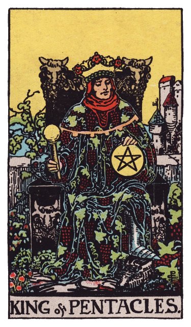 A king in a robe covered with grapevines rests a pentacle on one knee and holds a scepter, a castle behind.