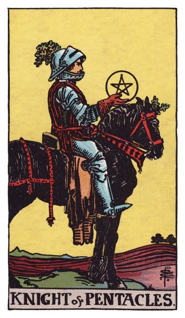 The black horse and its rider are motionless, a pentacle balanced on one palm and plowed fields at their back.
