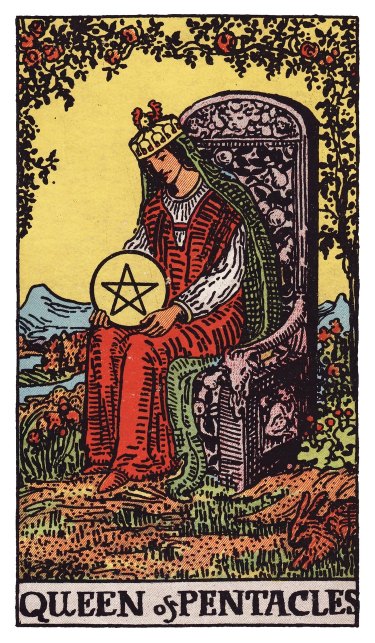 Roses arch over a queen looking down at the pentacle in their lap while a rabbit sits in the grass nearby.