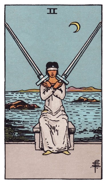 A blindfolded figure sits by the sea under a crescent moon, two swords crossed over the chest.