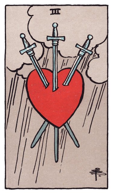 A red heart hangs against storm clouds and rain, pierced through by three swords.