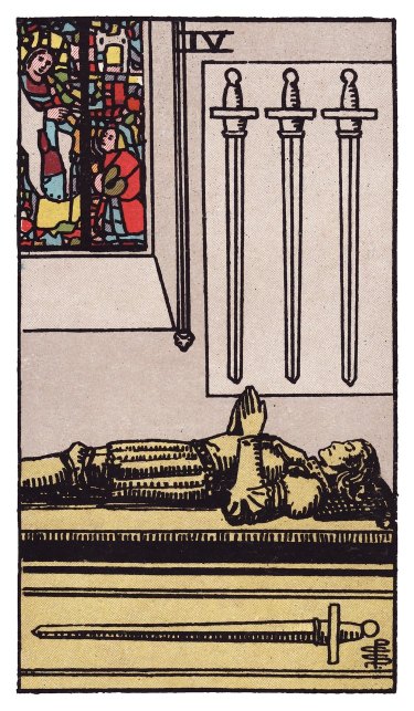 A figure lies on a stone tomb beneath stained glass, hands joined, three swords on the wall above and one below.