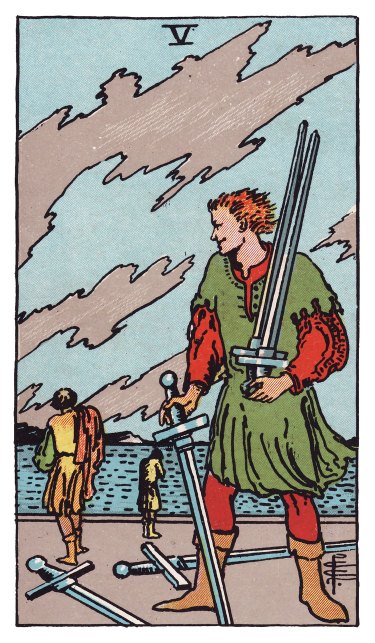 A figure holds three swords with a smirk while two others walk away toward the water under a torn, windy sky.