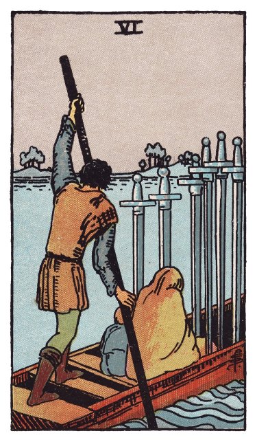Two huddled passengers ride with six upright swords as a figure poles their boat from choppy water toward a calm shore.